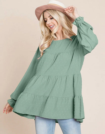 WOMEN'S LONG SLEEVE TIERED TUNIC SWISS DOTS BLOUSE