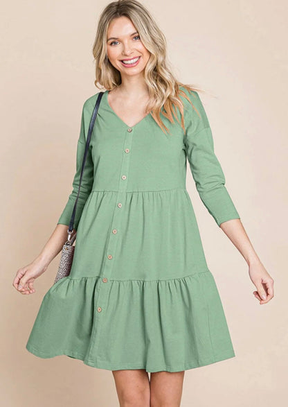 WOMEN'S 3/4 SLEEVE V-NECK BUTTON UP TIERED LOOSE FIT MIDI DRESS