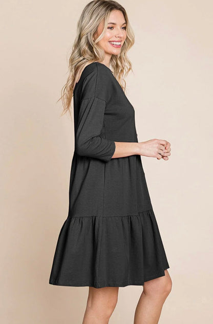 WOMEN'S 3/4 SLEEVE V-NECK BUTTON UP TIERED LOOSE FIT MIDI DRESS