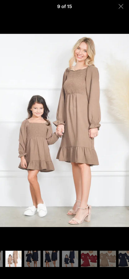Taupe Smocking Dress Long Sleeve Ruffle Hem Smocking Crepe Midi