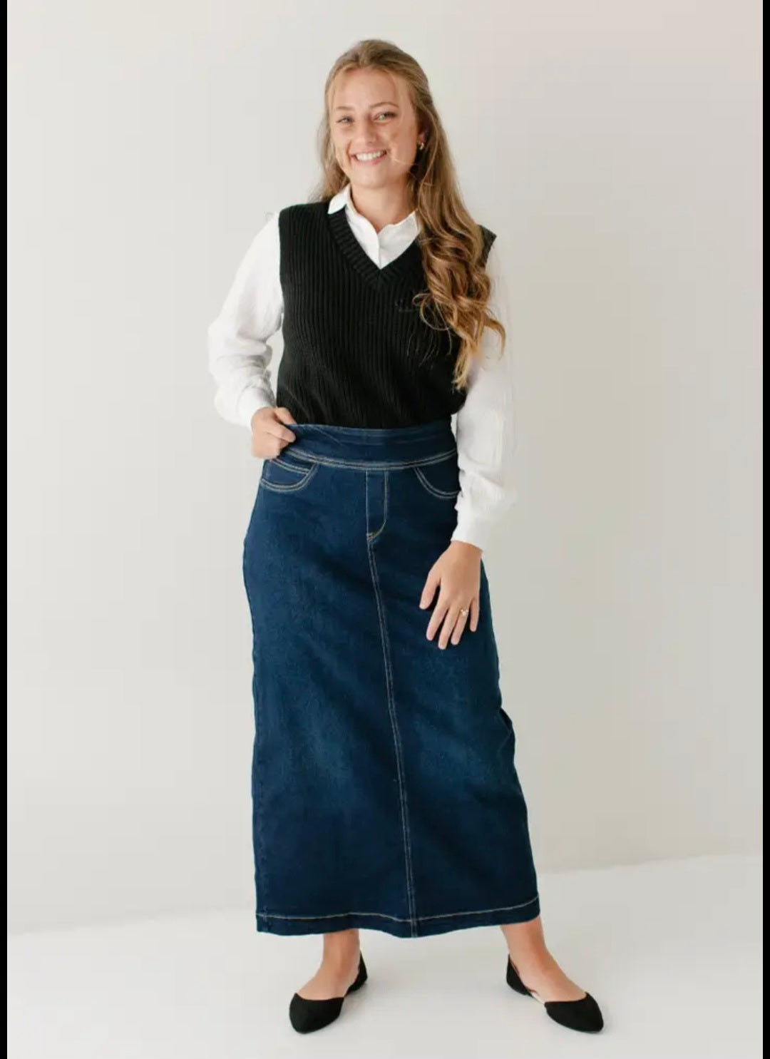 "Sara" Classic Long Denim Skirt Dark Wash