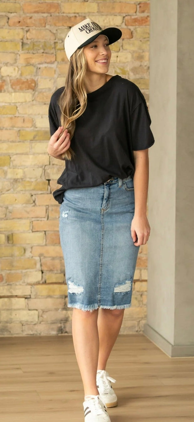 Presley Distressed Denim Midi Skirt