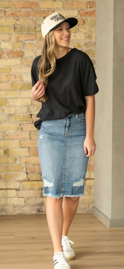 Presley Distressed Denim Midi Skirt