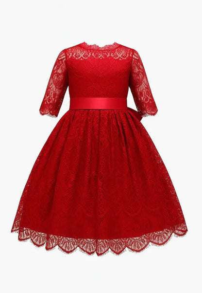 Red Vintage 3/4 Sleeve A-Line Girls Dress