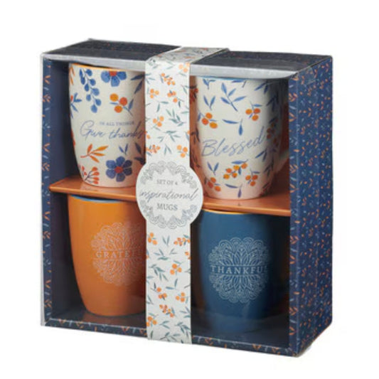 Give Thanks Blue and Orange Ceramic Mug Set 1 Thessalonians  5:18