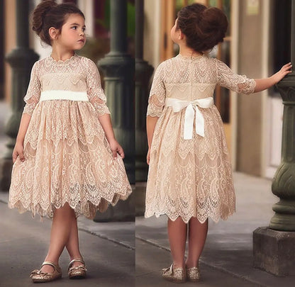 Beige Vintage Lace 3/4 Sleeve A-Line Girls Dress