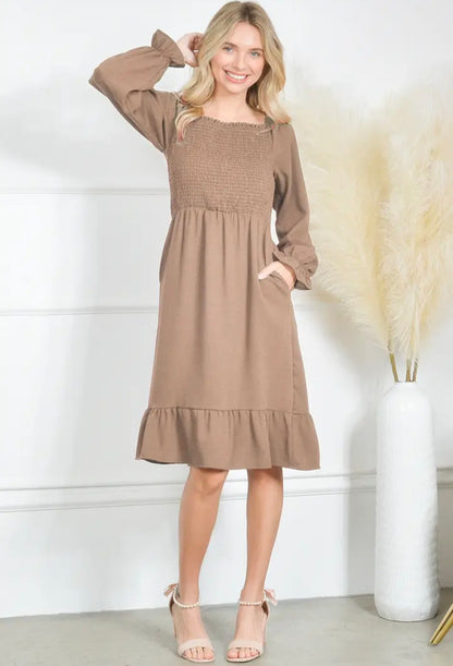Taupe Smocking Dress Long Sleeve Ruffle Hem Smocking Crepe Midi