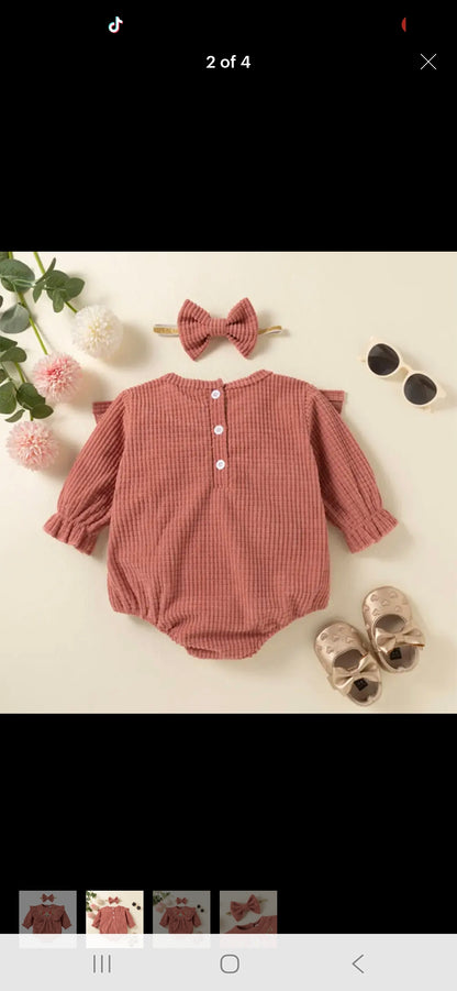 Pink Embroidered Floral Corduroy Baby Romper w/Matching Headband