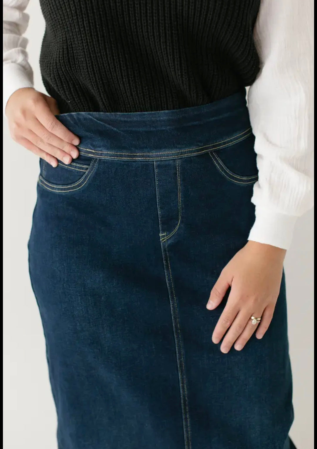 "Sara" Classic Long Denim Skirt Dark Wash