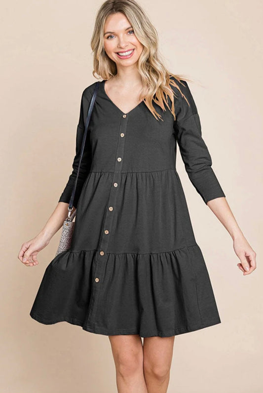 WOMEN'S 3/4 SLEEVE V-NECK BUTTON UP TIERED LOOSE FIT MIDI DRESS