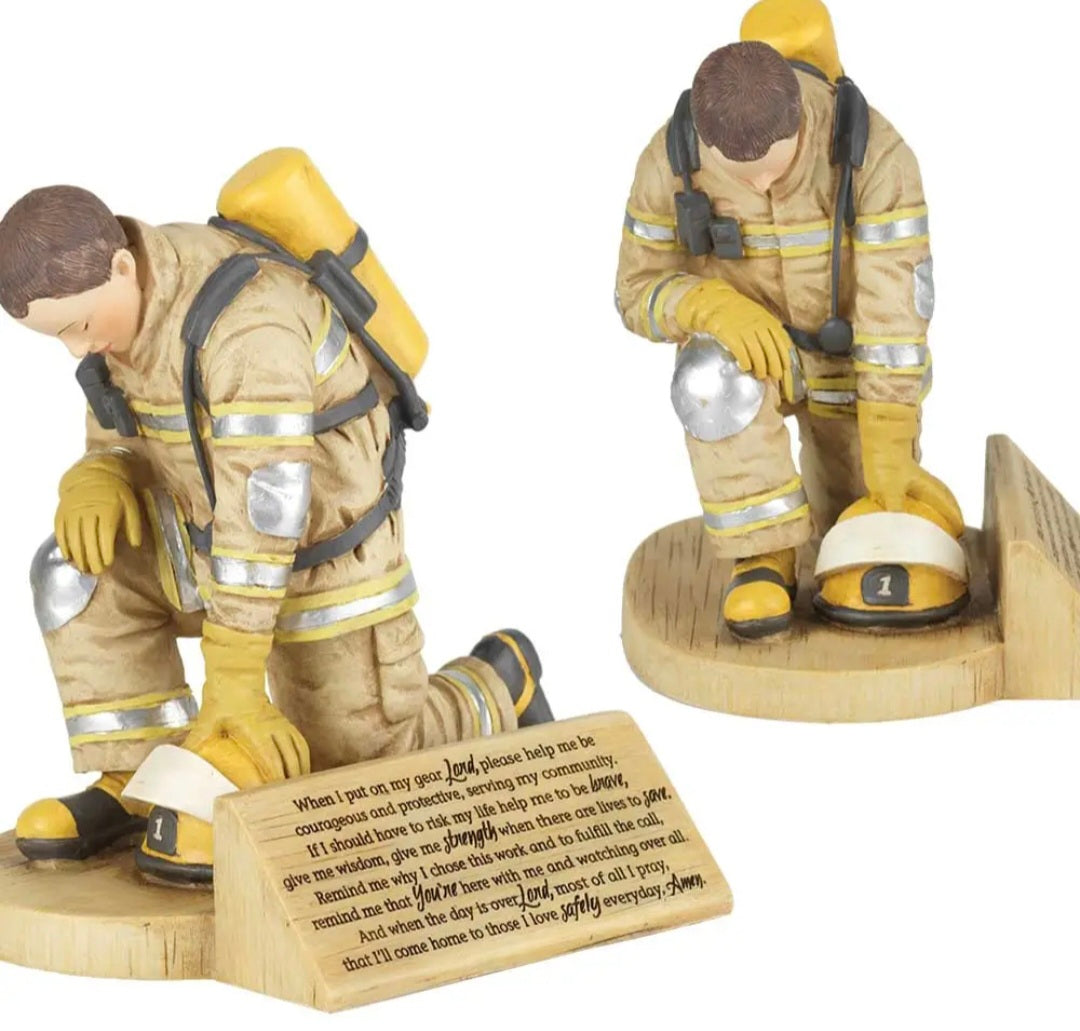 Firefighter's Prayer, Kneeling in Uniform 4.5 x 5.5 Resin Stone Tabletop Figurine