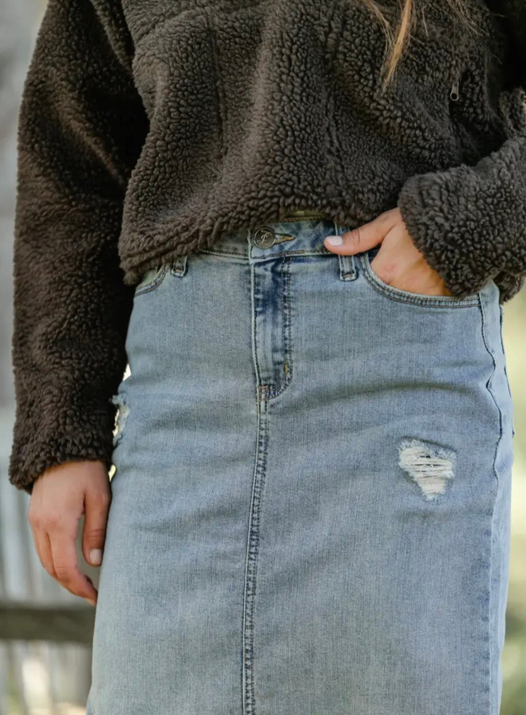 Presley Distressed Denim Midi Skirt