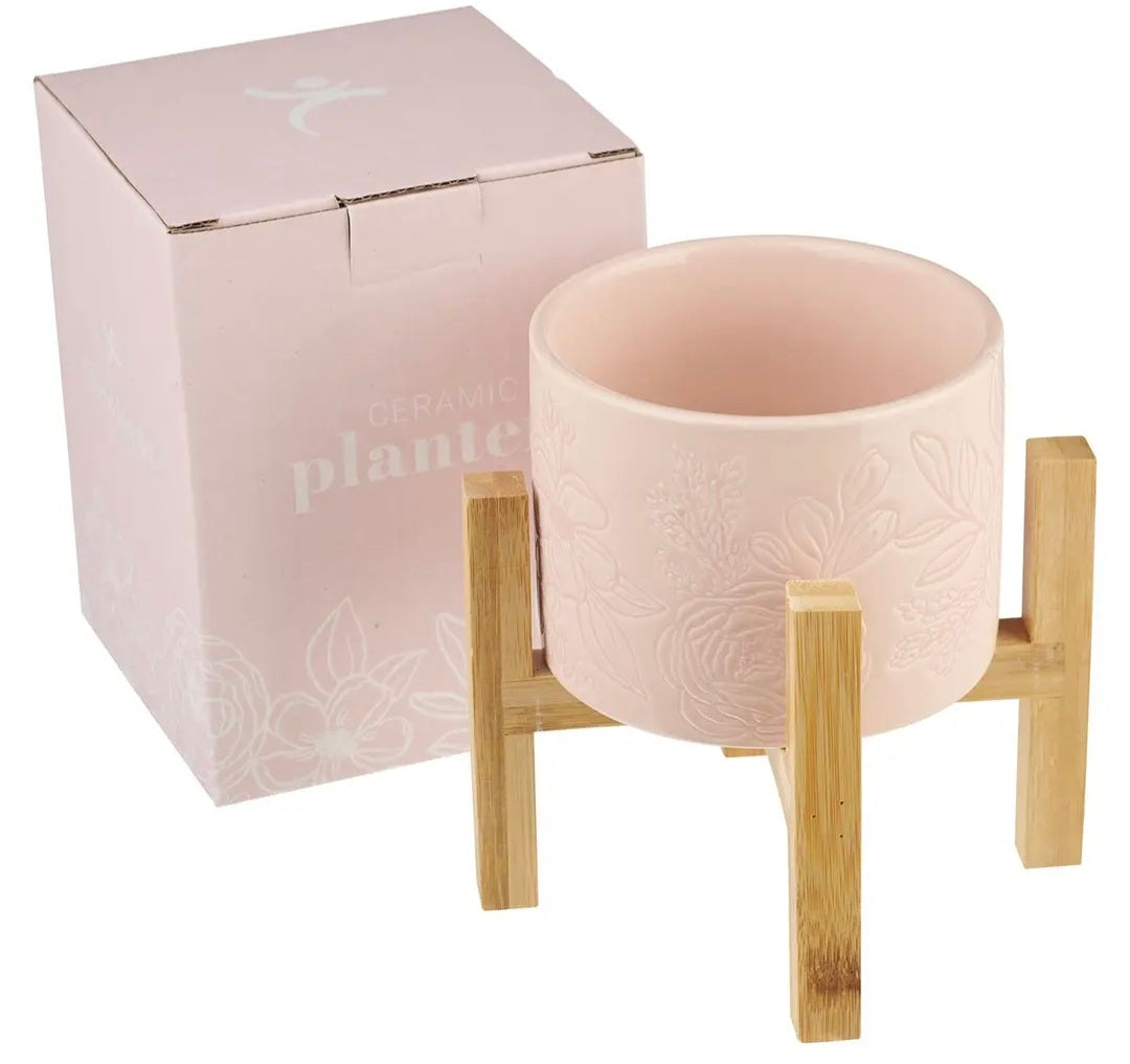 Sophia Pink Planter Pot and Bamboo Stand