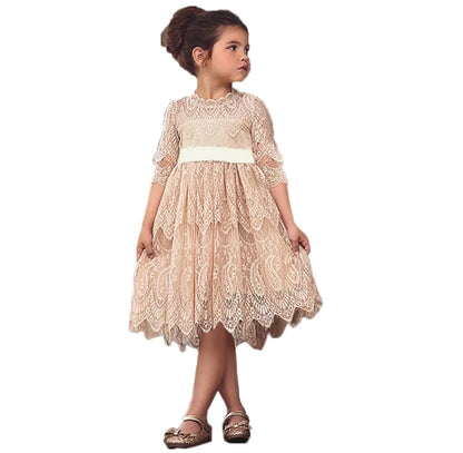 Beige Vintage Lace 3/4 Sleeve A-Line Girls Dress