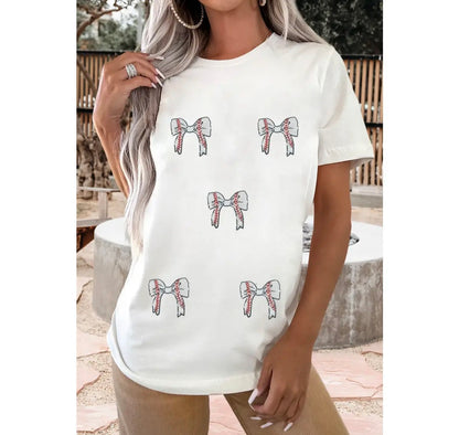 Glitter Baseball Bow Patched Cotton Blend Tee Shirt