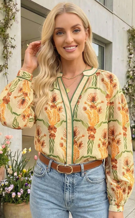 Floral Print V Neck Long Sleeve Shirt