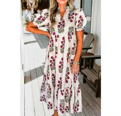 Floral Split Neck Bubble Sleeve Tiered Maxi Dress (Dress S-XL)