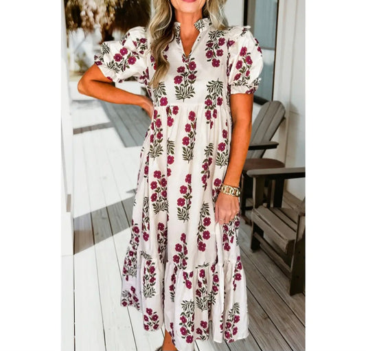 Floral Split Neck Bubble Sleeve Tiered Maxi Dress (Dress S-XL)