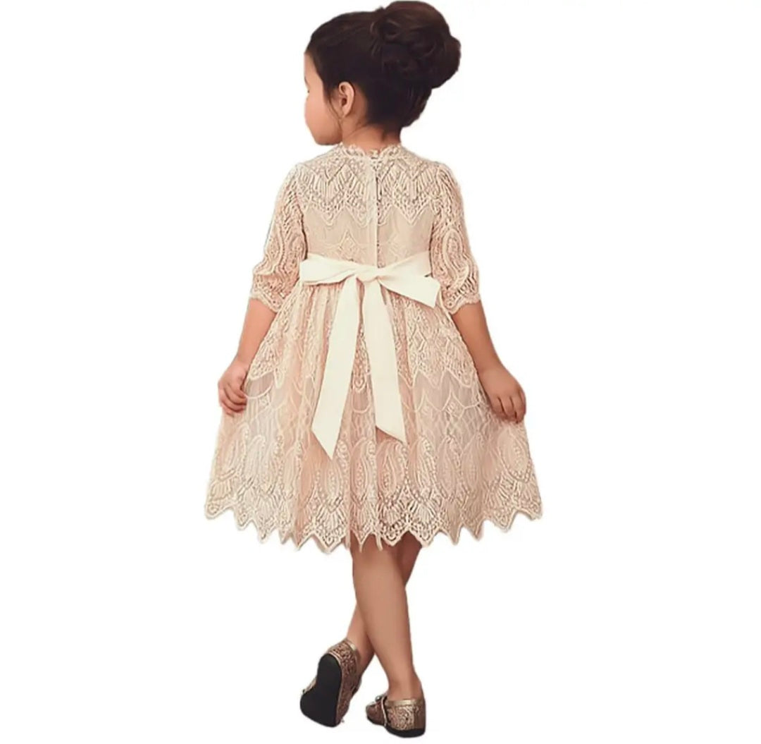 Beige Vintage Lace 3/4 Sleeve A-Line Girls Dress