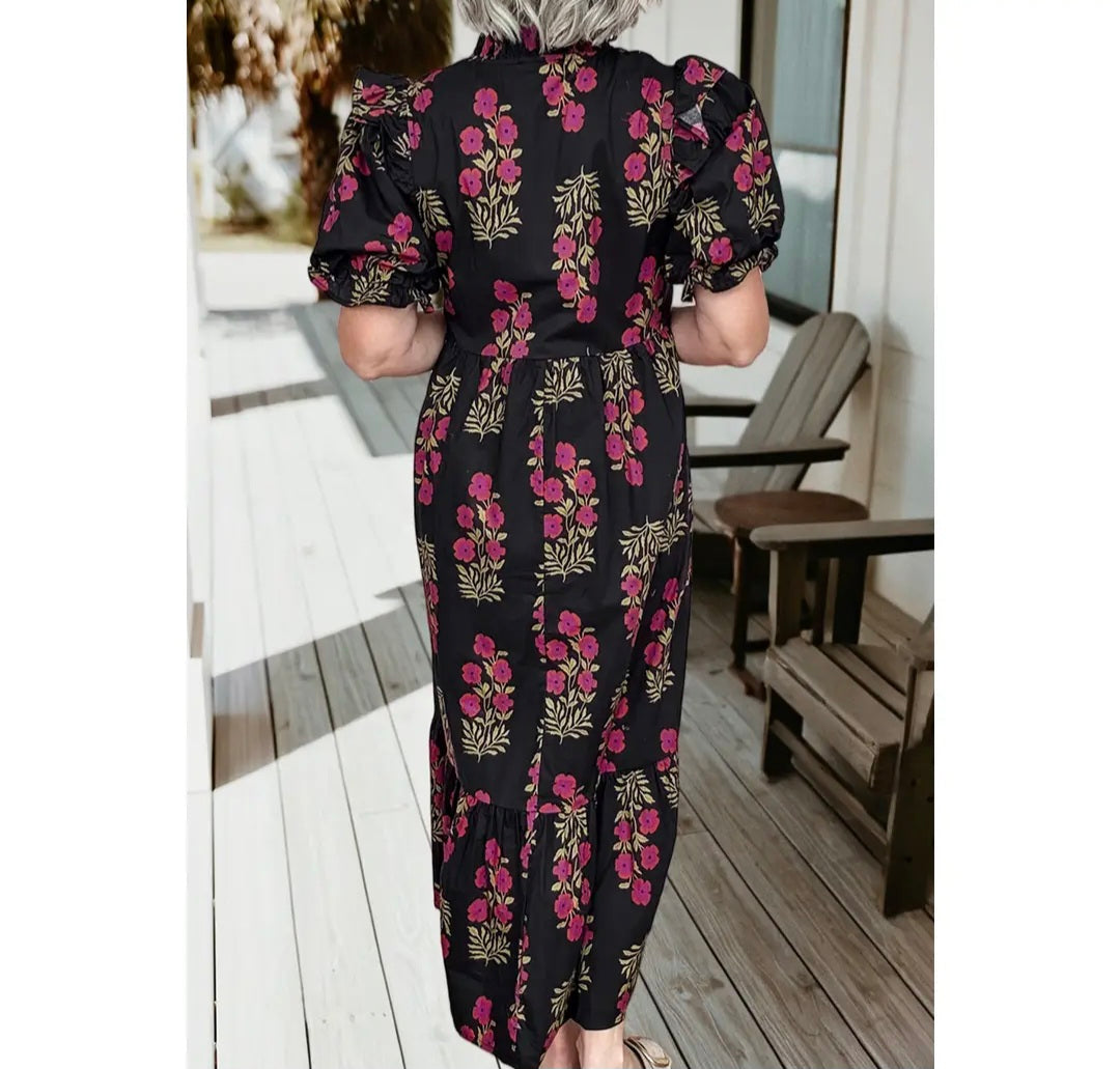 Floral Split Neck Bubble Sleeve Tiered Maxi Dress (Dress S-XL)