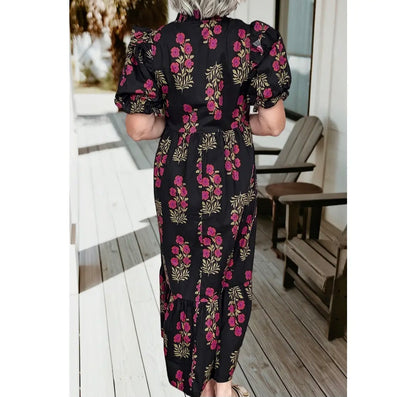 Floral Split Neck Bubble Sleeve Tiered Maxi Dress (Dress S-XL)