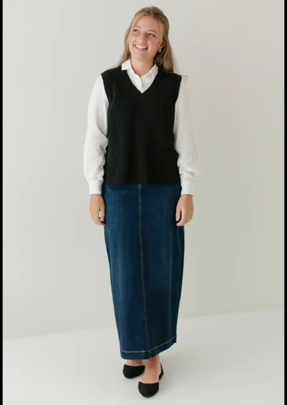 "Sara" Classic Long Denim Skirt Dark Wash