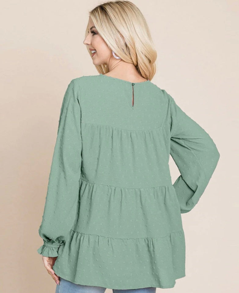 WOMEN'S LONG SLEEVE TIERED TUNIC SWISS DOTS BLOUSE