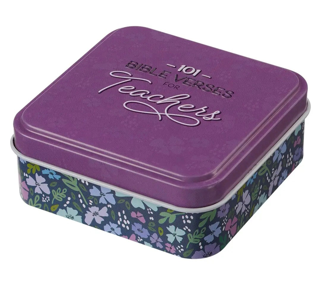 101 Bible Verses For Teachers Purple Scripture Cards in a Tin