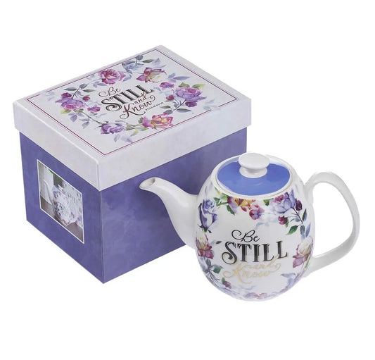 Purple Floral Be Still and Know Teapot