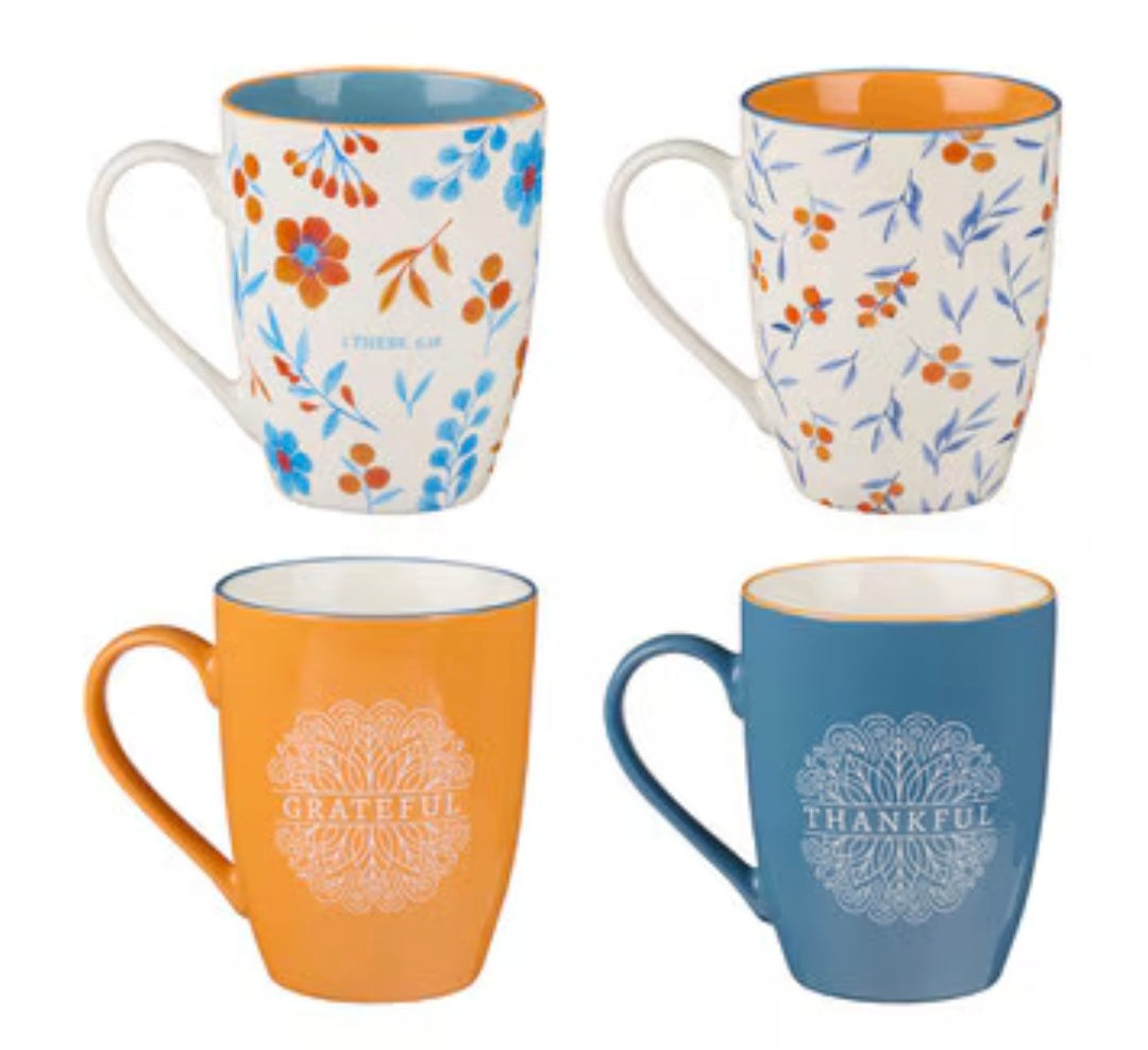 Give Thanks Blue and Orange Ceramic Mug Set 1 Thessalonians  5:18