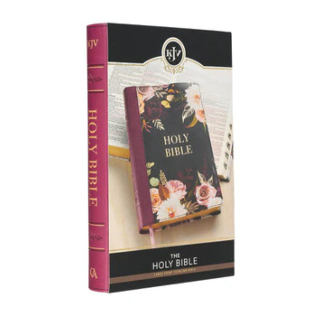 Black and Burgundy Floral Faux Leather Large Print Thinline King James Version Bible with Thumb Index