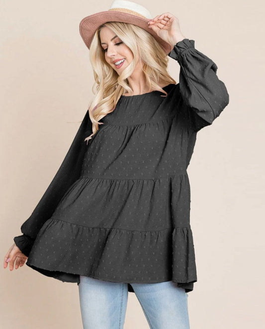 WOMEN'S LONG SLEEVE TIERED TUNIC SWISS DOTS BLOUSE