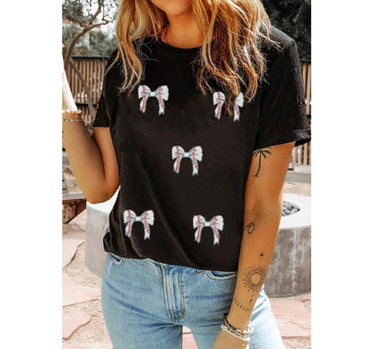 Glitter Baseball Bow Patched Cotton Blend Tee Shirt