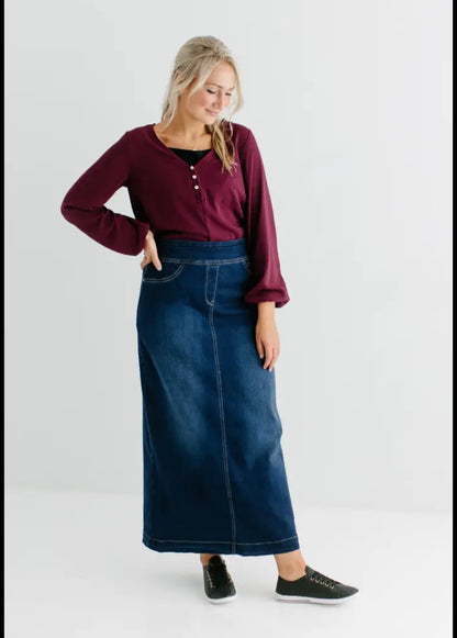 "Sara" Classic Long Denim Skirt Dark Wash