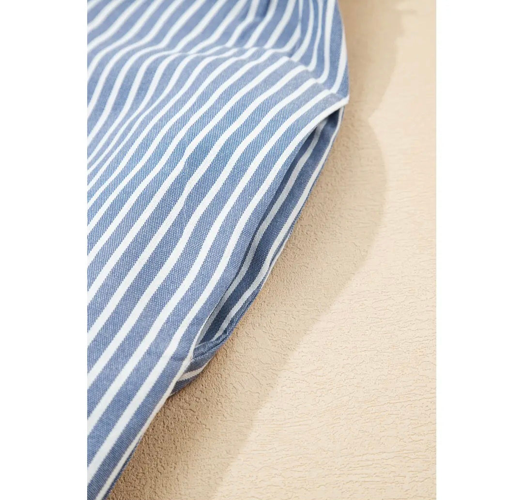 Sky Blue Stripe Crisscross Lace Detail Mixed Striped Patchwork Shift Long Dress