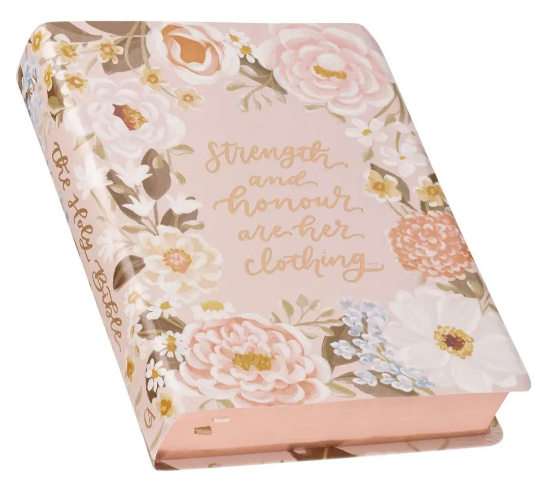 Peach Floral Margo Collection Faux Leather King James Version Note-taking Bible - Proverbs 31:25