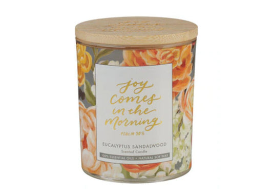 Joy Comes in the Morning Eucalyptus Sandalwood Scented Candle in a Glass Jar - Psalm 30:5