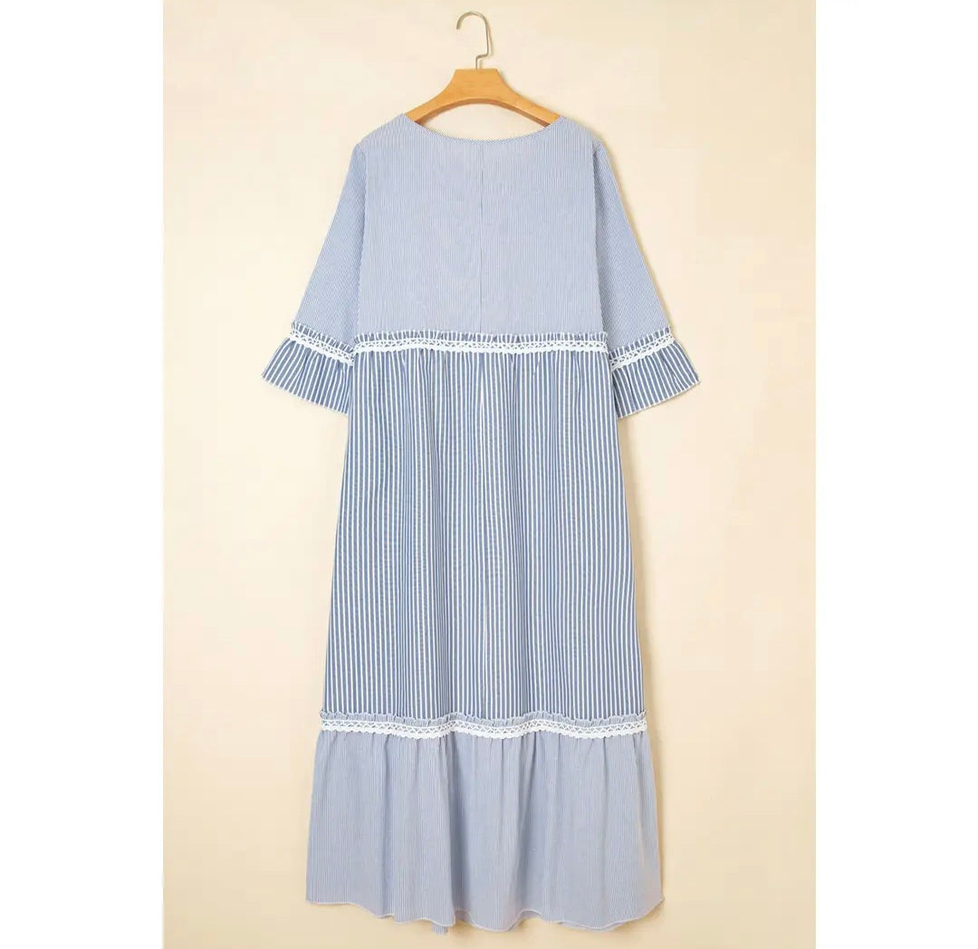 Sky Blue Stripe Crisscross Lace Detail Mixed Striped Patchwork Shift Long Dress