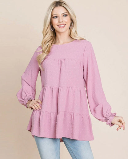 WOMEN'S LONG SLEEVE TIERED TUNIC SWISS DOTS BLOUSE