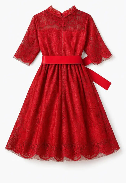 Red Vintage 3/4 Sleeve A-Line Girls Dress