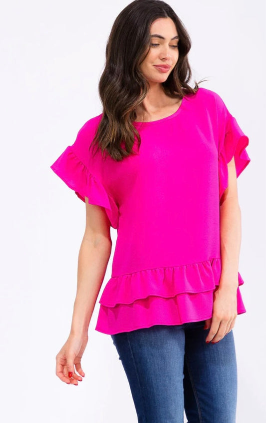 WOMEN'S SHORT RUFFLE SLEEVE TIERED BLOUSE