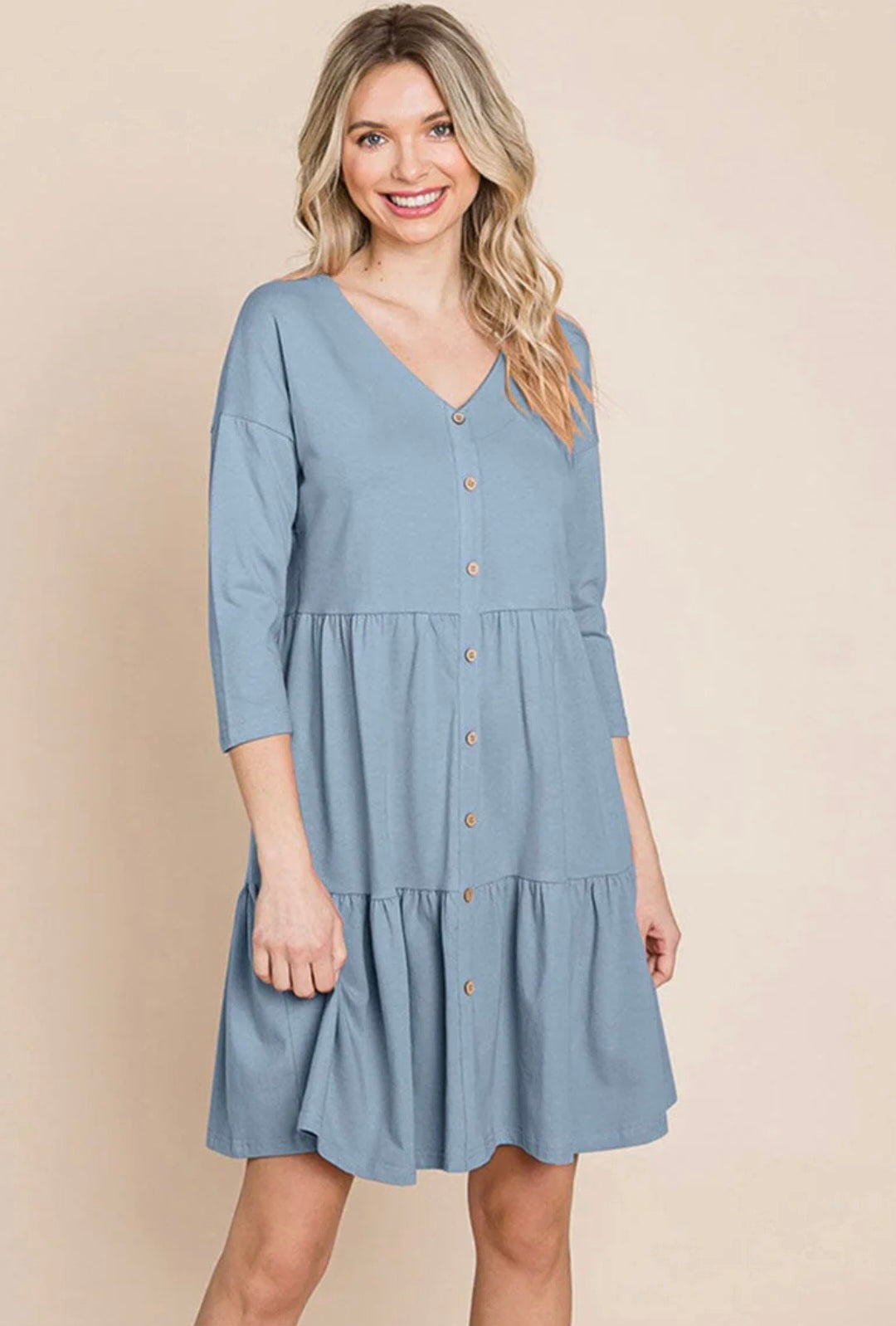 WOMEN'S 3/4 SLEEVE V-NECK BUTTON UP TIERED LOOSE FIT MIDI DRESS