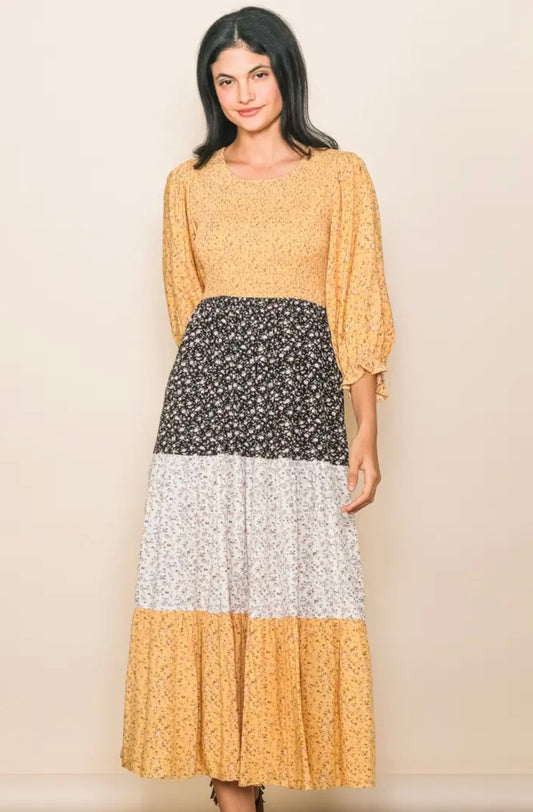 Vintage Color  Block Floral Print Midi Dress with Pockets