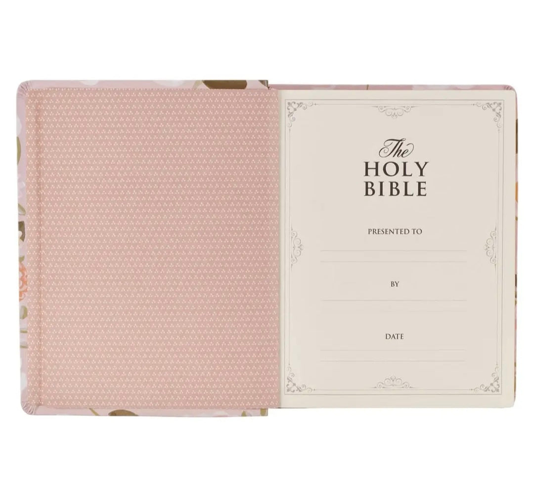 Peach Floral Margo Collection Faux Leather King James Version Note-taking Bible - Proverbs 31:25