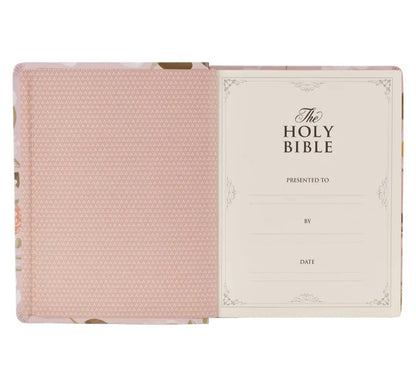 Peach Floral Margo Collection Faux Leather King James Version Note-taking Bible - Proverbs 31:25
