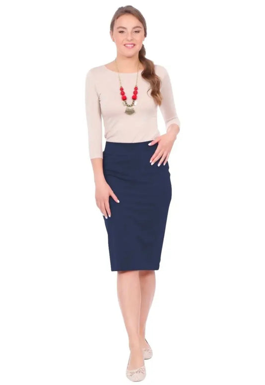 Modest Knee Length Tapered Stretch Cotton Spandex Pencil Skirt Navy