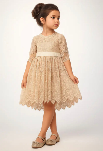 Beige Vintage Lace 3/4 Sleeve A-Line Girls Dress