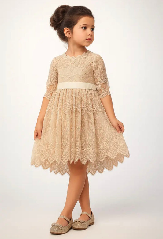 Beige Vintage Lace 3/4 Sleeve A-Line Girls Dress