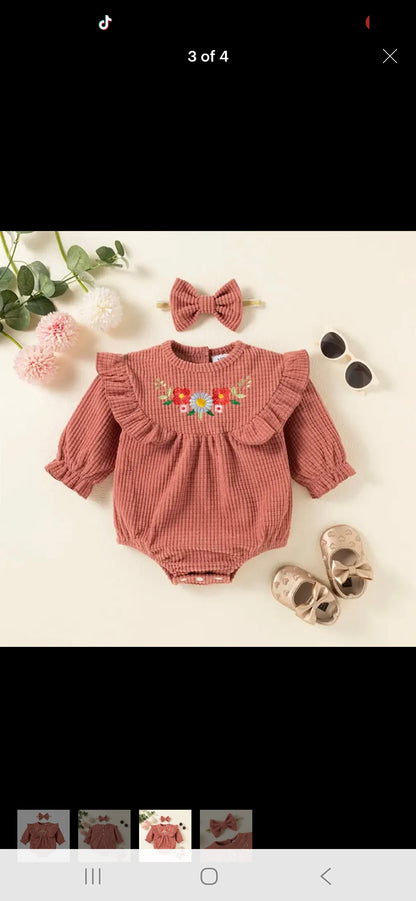 Pink Embroidered Floral Corduroy Baby Romper w/Matching Headband