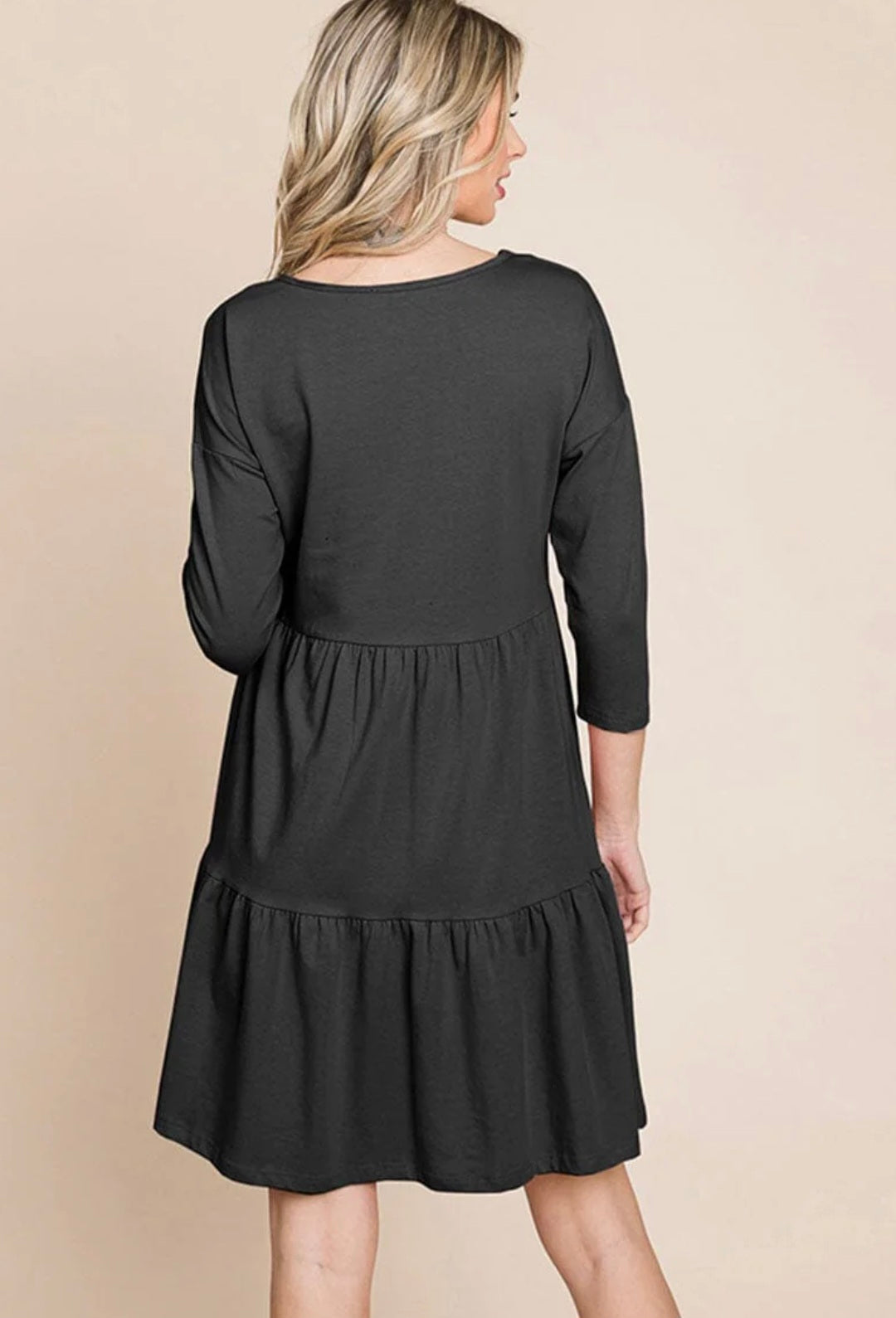 WOMEN'S 3/4 SLEEVE V-NECK BUTTON UP TIERED LOOSE FIT MIDI DRESS